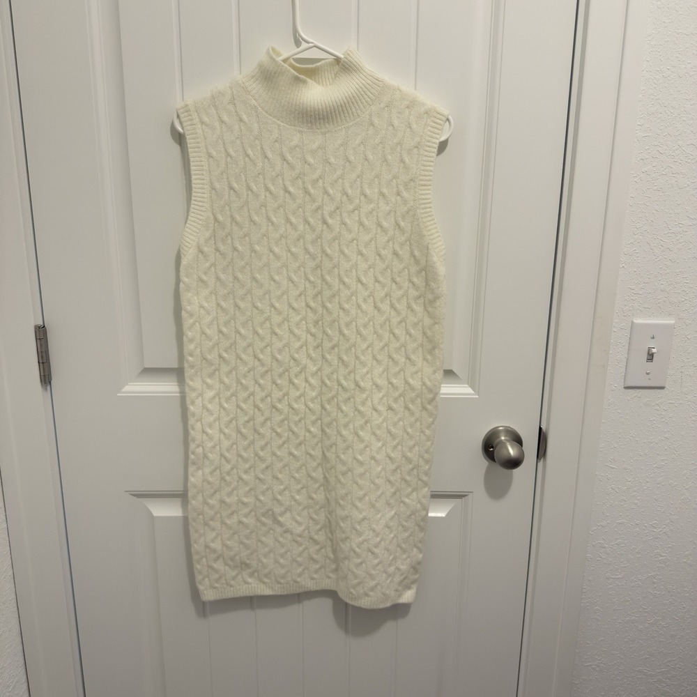Pink Lily Women's Ivory Cable Knit Sleeveless Sweater Dress Mock Neck Size S